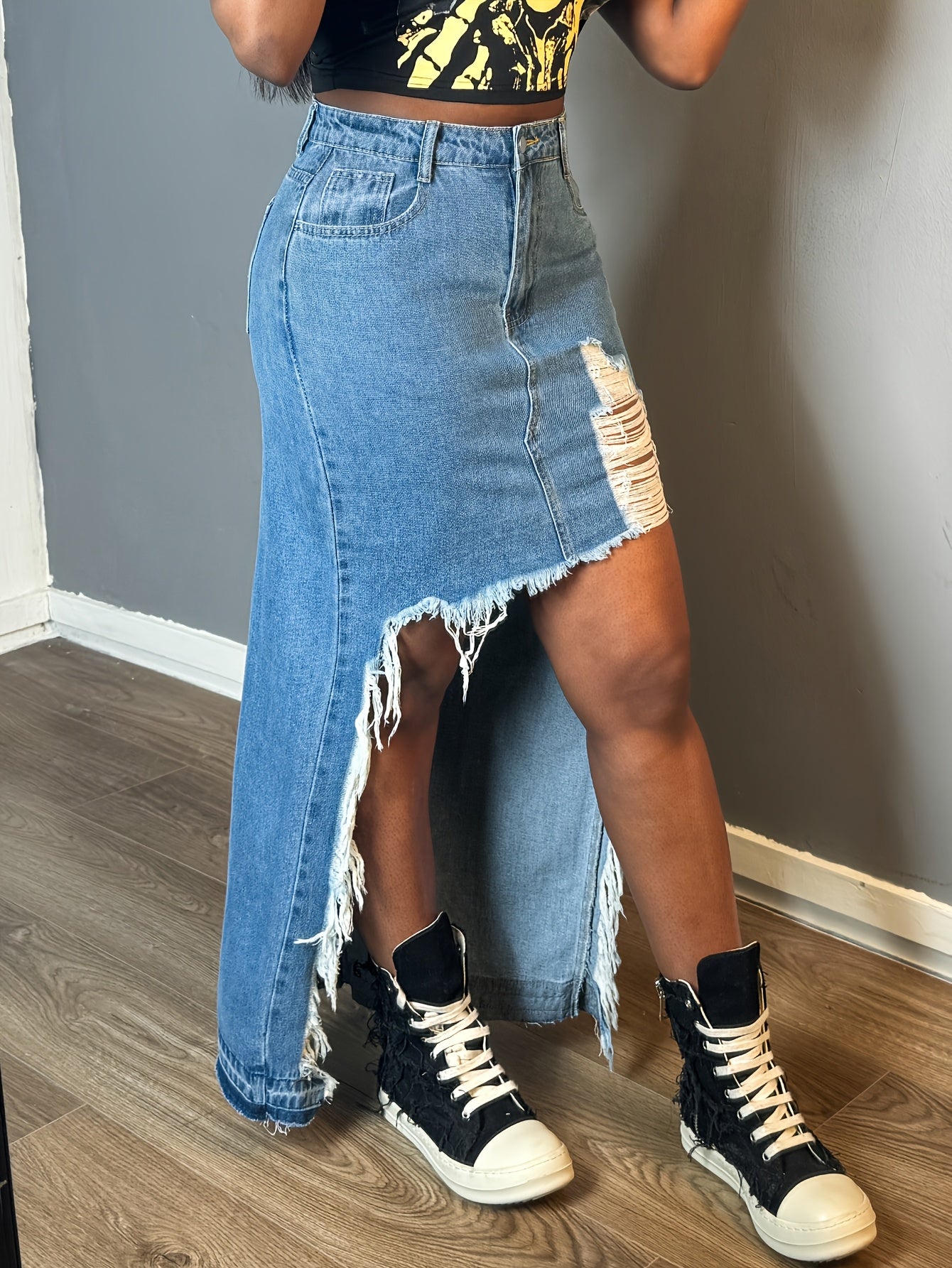 Women's Casual High-Waist Denim Skirt with Front Ripped Holes And Fringed Hem, Mid-Length